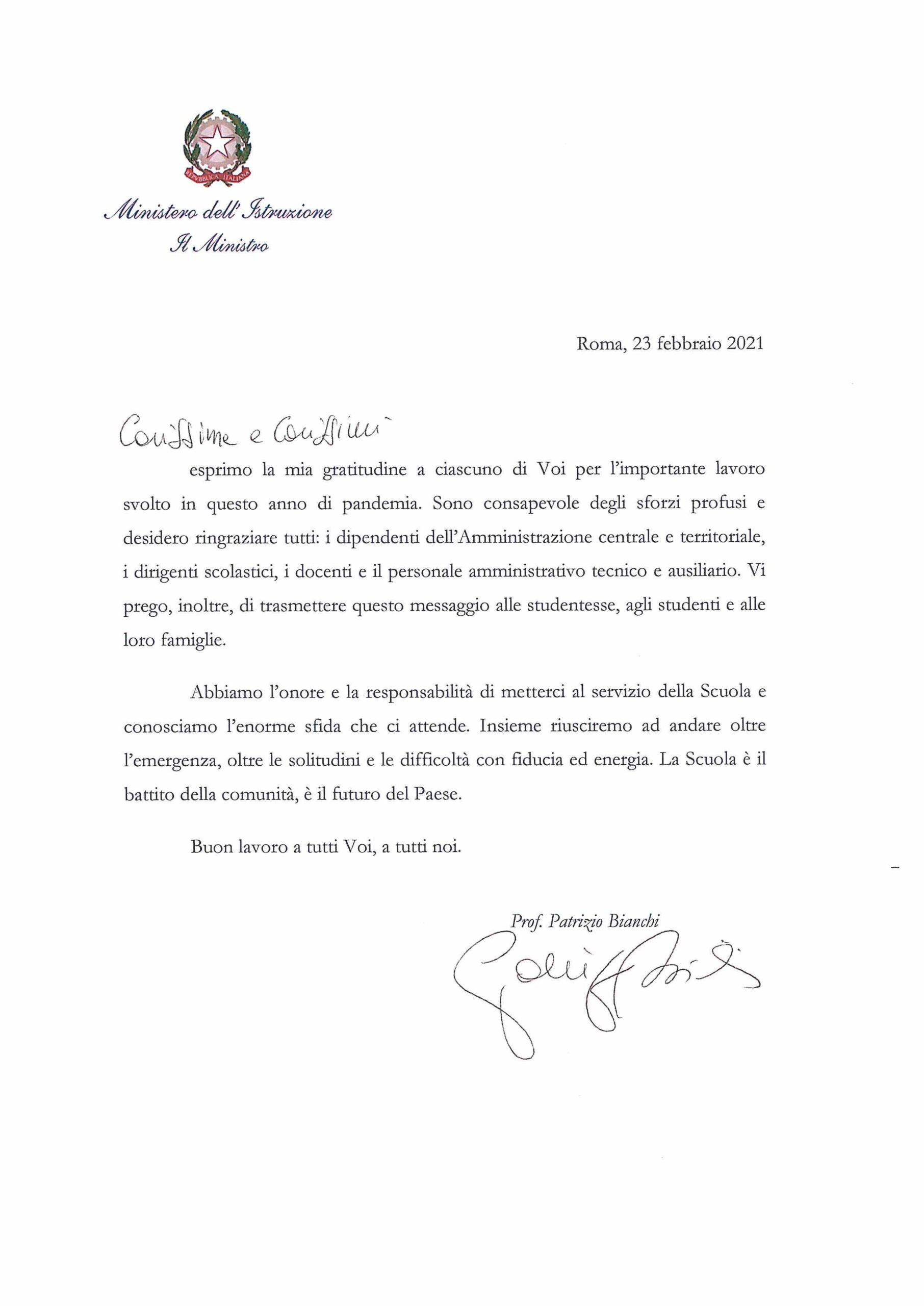 Lettera del Ministro dellIstruzione prof. Patrizio Bianchi